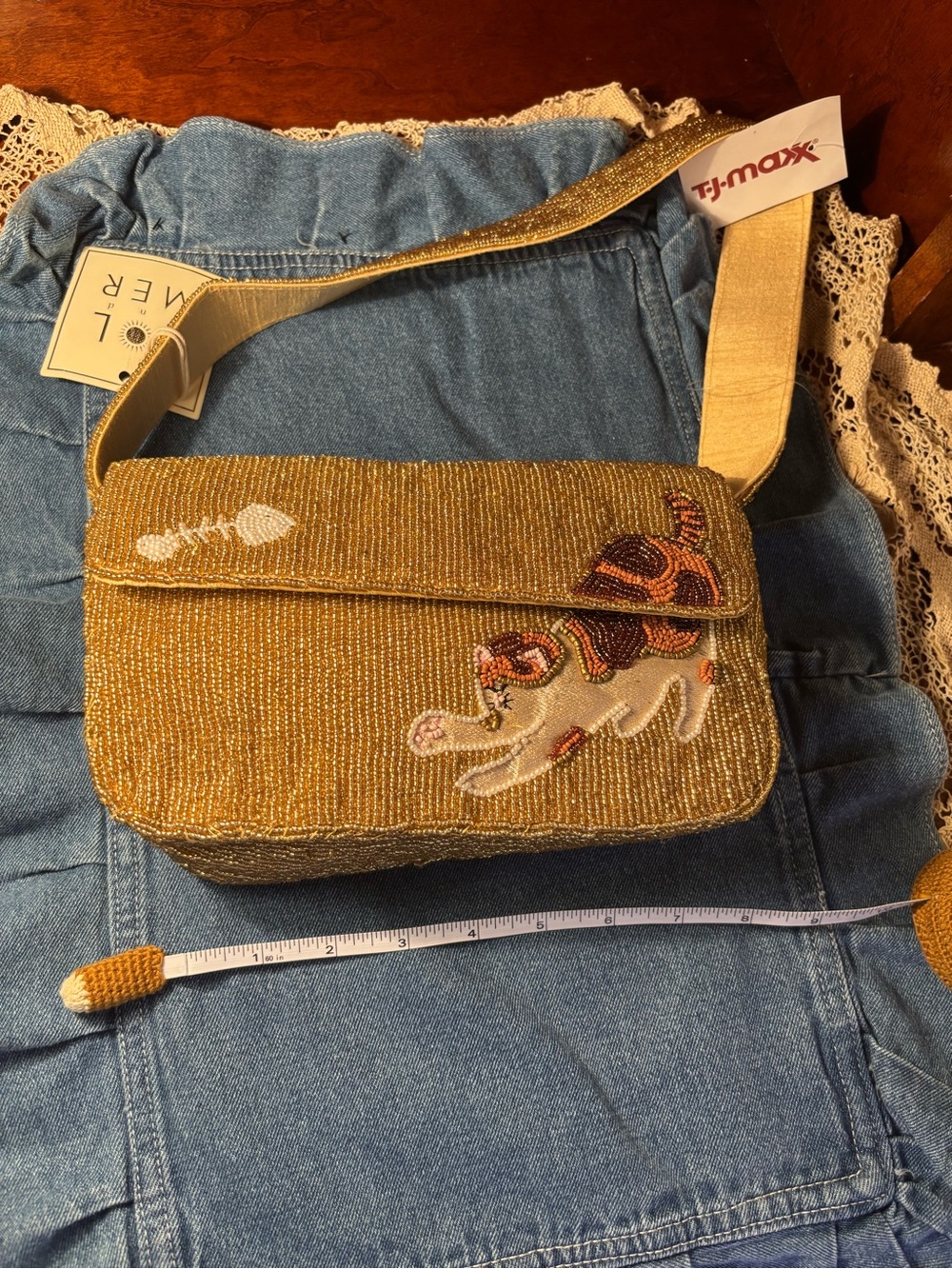 T.J.Maxx Gold Beaded Crossbody Bag with Cat Embroidery - Picture 3 of 6